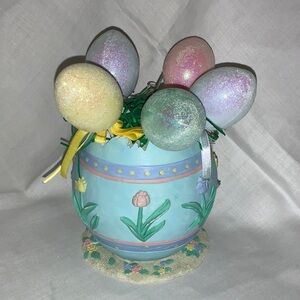 Ceramic Egg Planter with 5 Glittery Pastel Easter Eggs and Paper Grass Decor